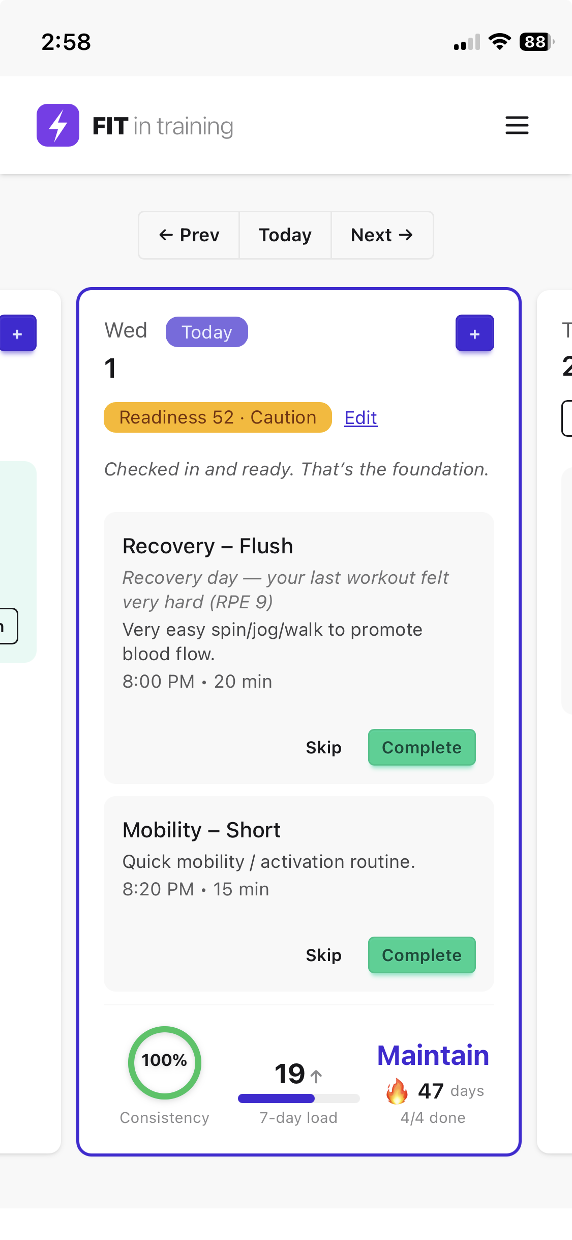 FIT week view showing training stats and today's session